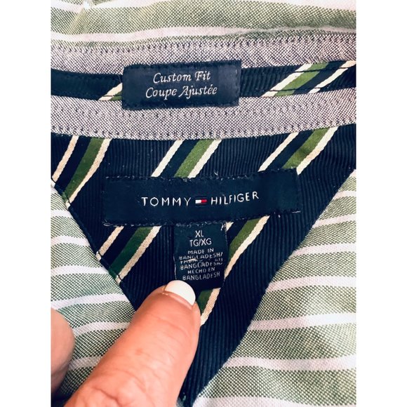 Tommy Hilfiger Mens Striped Button Up Long Sleeve Shirt Green and White Shirt - Picture 11 of 11